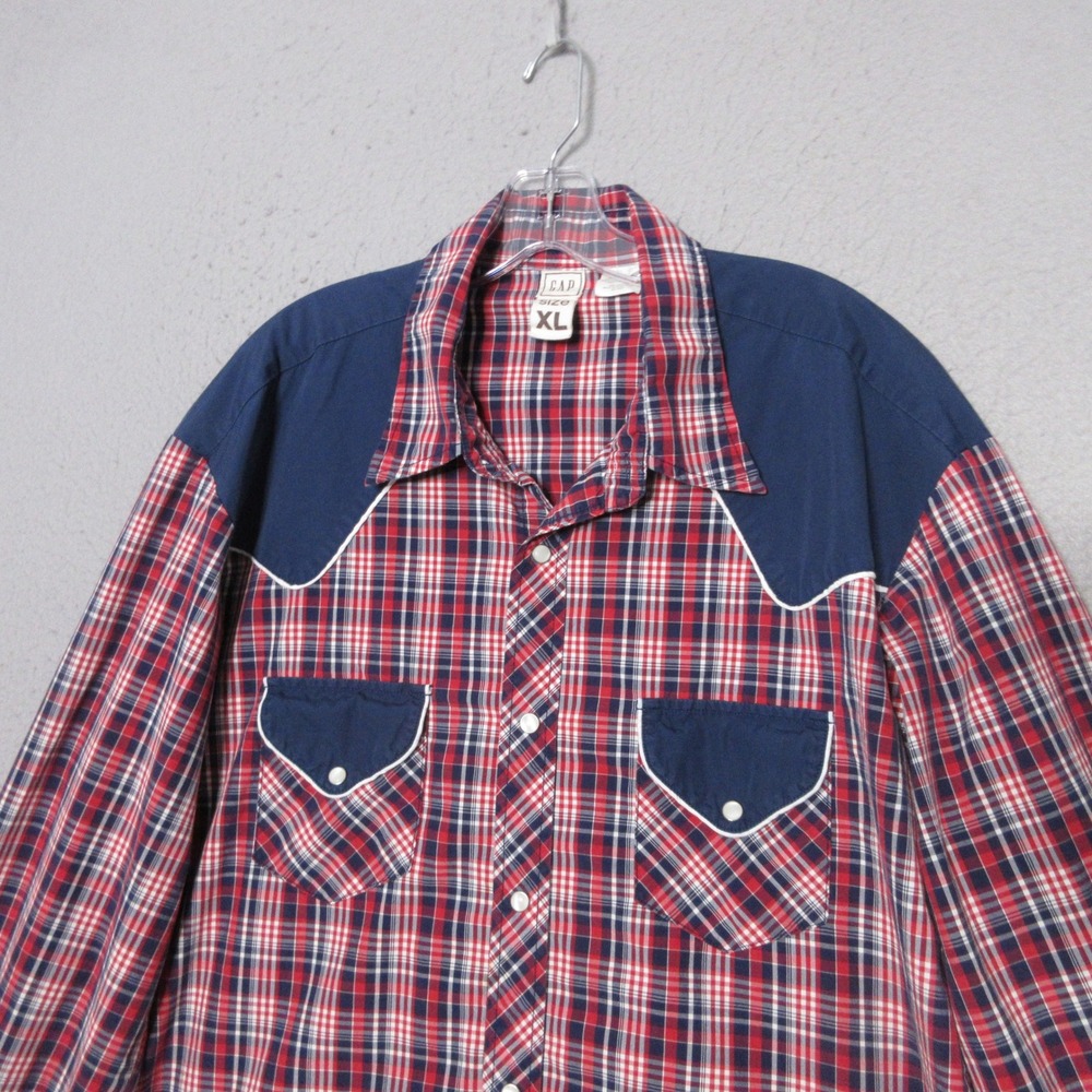 Vintage GAP Shirt Men XL Western Plaid Pearl Snap Red Blue 90s Y2K Hong Kong
